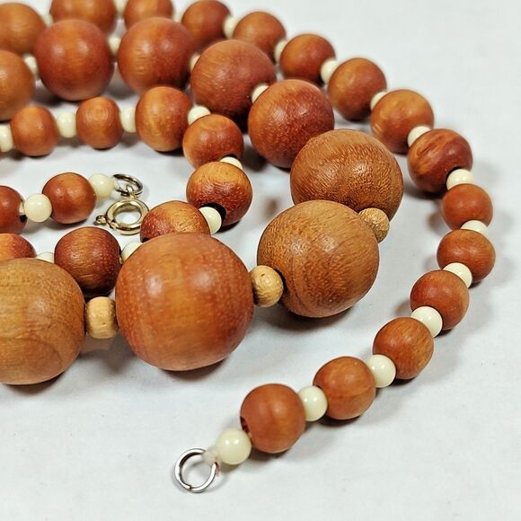 Natural Wood & Plastic Beaded Necklace SIlver Tone Metal 24" Graduated Bohemian - Picture 7 of 9